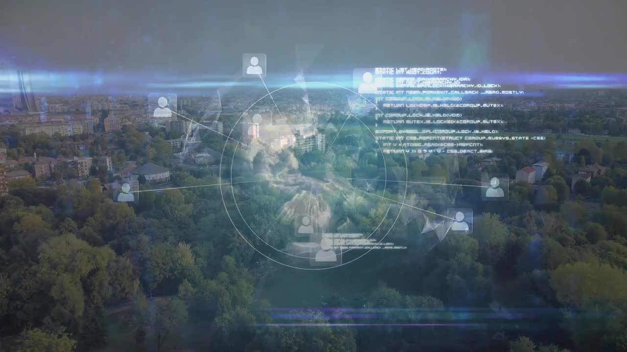 Animation of networks of connections and data processing over landscape