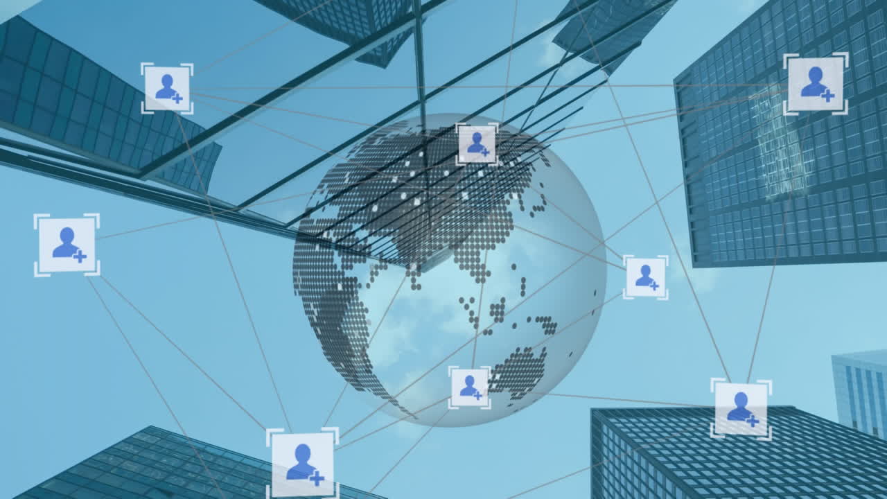 연결 아이콘의 웹과 높은 건물에 대한 회전 지구