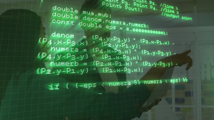 Engineers reviewing polyline code on screen after woman pointing HTTP requests and man scanning PC