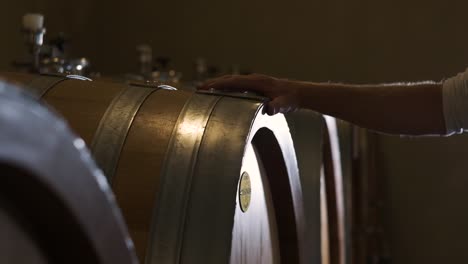 wine barrel in a wine cellar, with the hand of the winefarmer