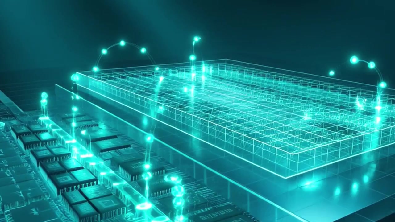 Digital Circuit Board with Glowing Data Transfer Visualization