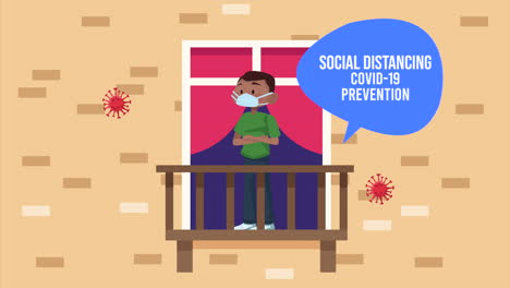 afro man with social distancing covid19 prevention message campaign in apartment window