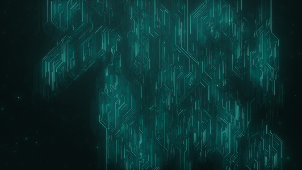 Abstract green digital circuit board lines glowing dark deep background form techinspired pattern