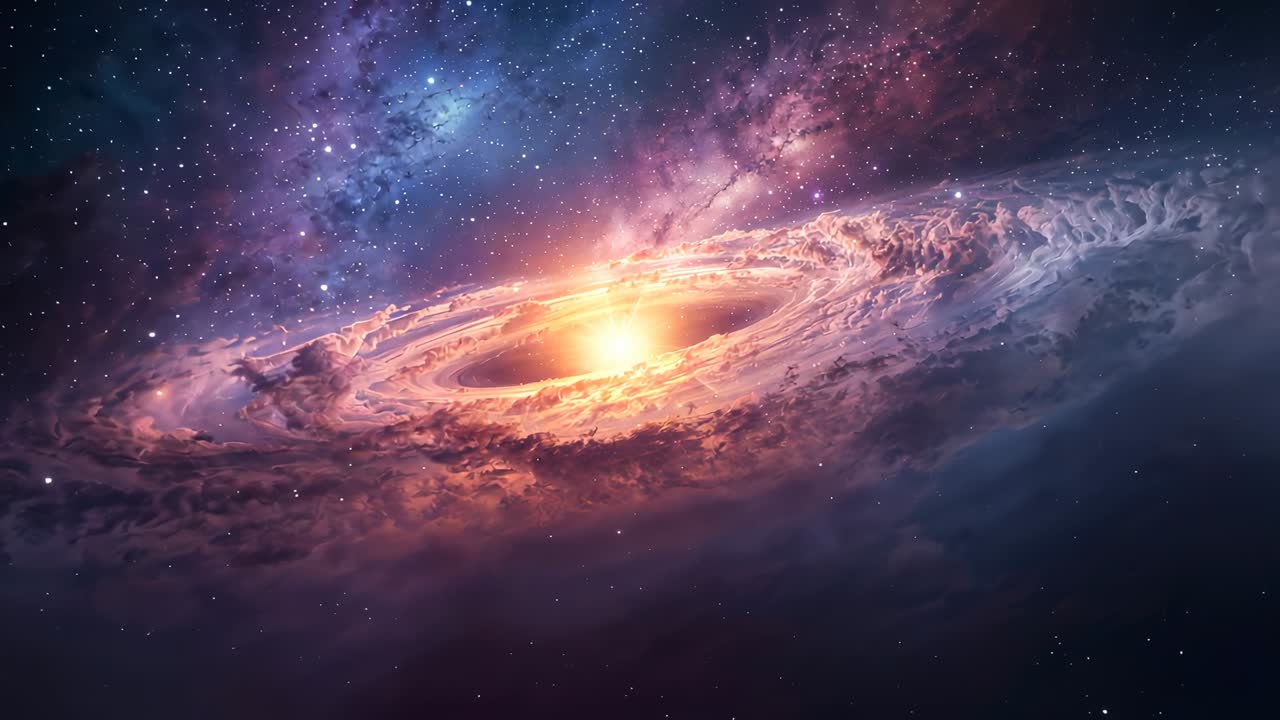 At start camera panning across galaxy in space showing glowing core, gas clouds and starfield