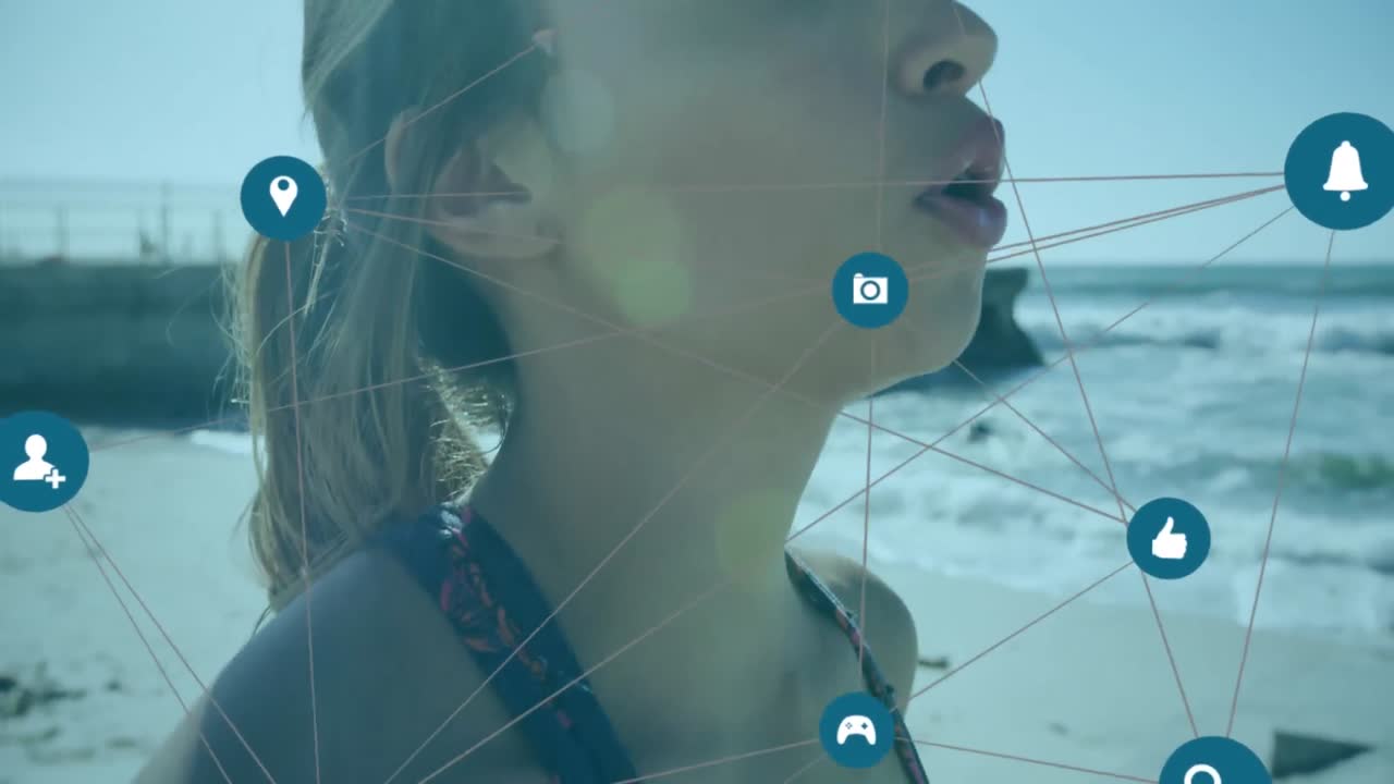 red de iconos de conexión contra la mujer tomando un descanso de correr en la playa