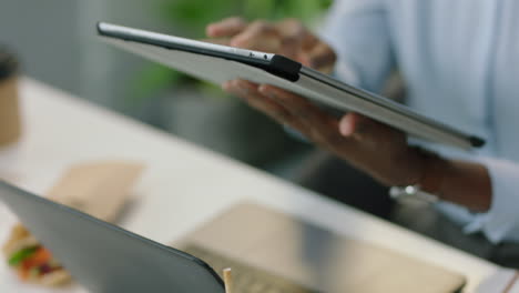 business people using tablet computer computer in boardroom meeting brainstorming  successful development strategy sharing creative ideas on touchscreen technology hands close up