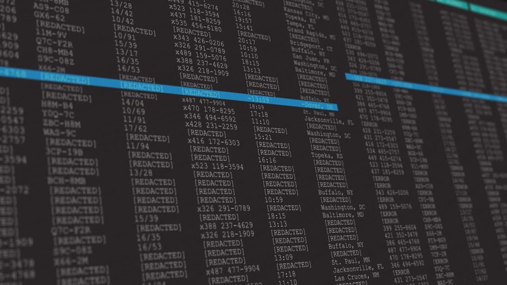 Animation of data processing on gray and blue computer screen