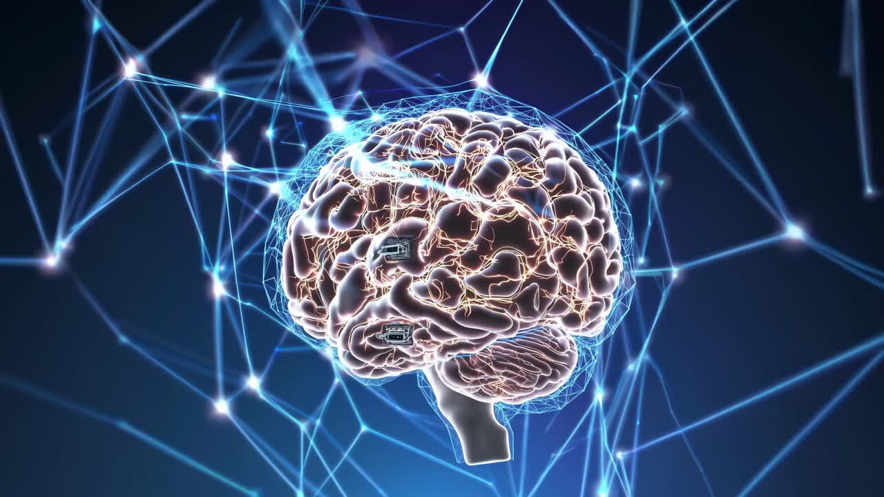 Futuristic digital brain with glowing neural connections, captured from a high-angle view, perfect