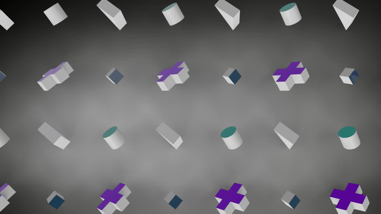 formas abstractas en 3d que se mueven en formación sobre un fondo gris