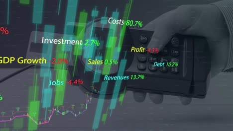 animación del procesamiento de datos financieros con gráfico sobre la mano que sostiene el terminal de caja