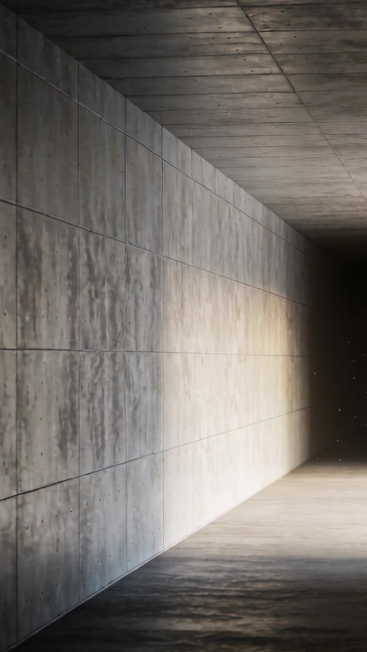 Video verticale: Luce che entra dall'estrema destra rivelando un tunnel di cemento che si allontana, mostrando polvere e giunture.