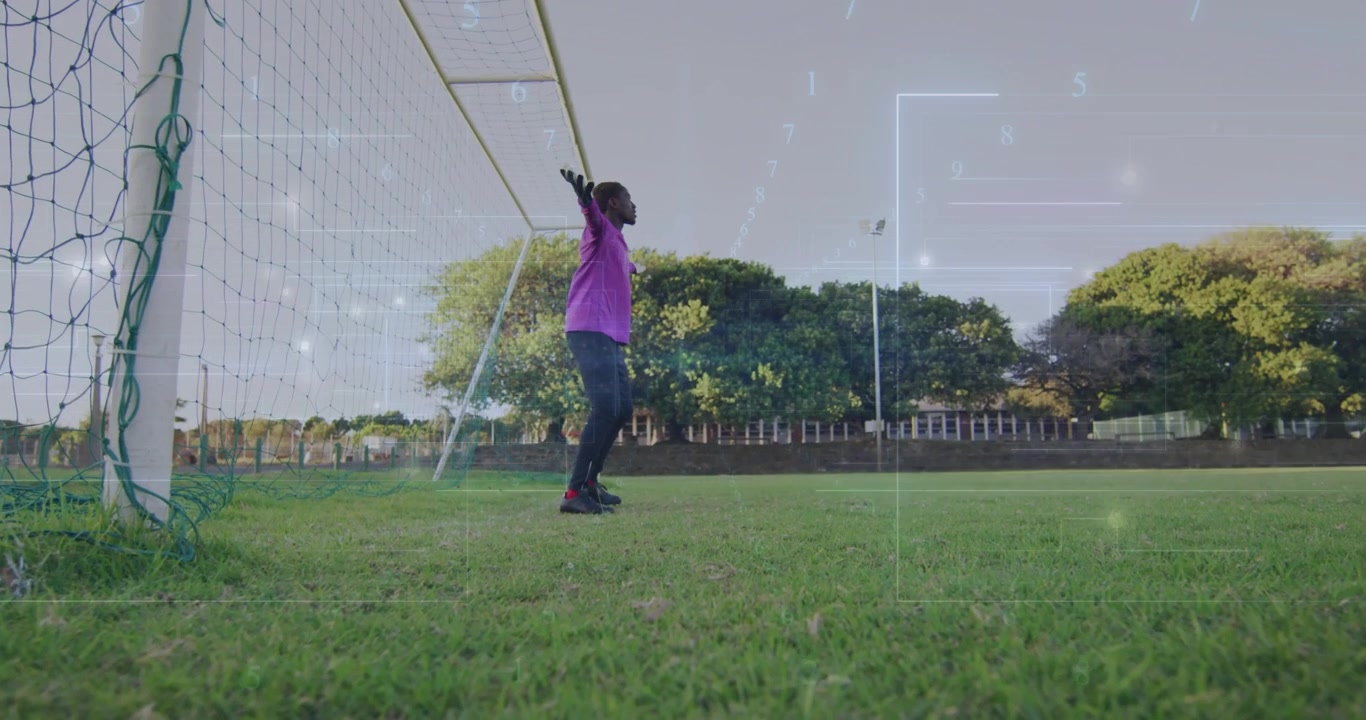 Teen goalkeeper reacting to incoming ball, shifting to crouch and lunge to save with soccer HUD
