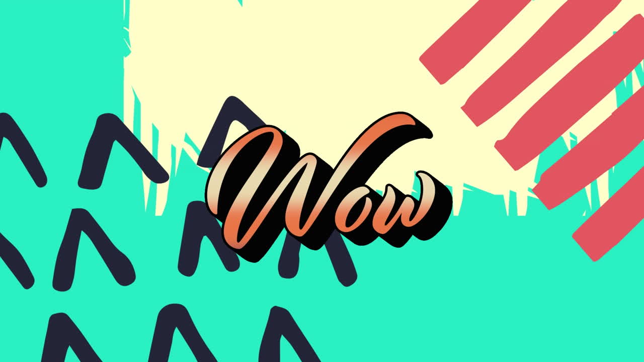 Animation of wow text over shapes on green background
