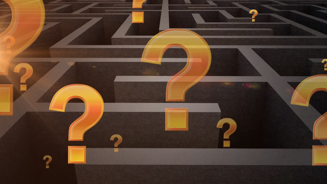 animación de signos de interrogación naranjas flotando sobre el laberinto gris