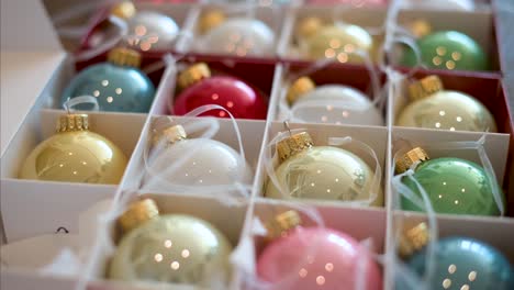 view of shiny, colorful christmas tree balls in a box