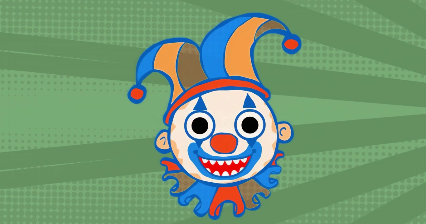 In loop: testa di clown che apre gli occhi, allargando un ghigno con denti aguzzi per un'animazione giocosa