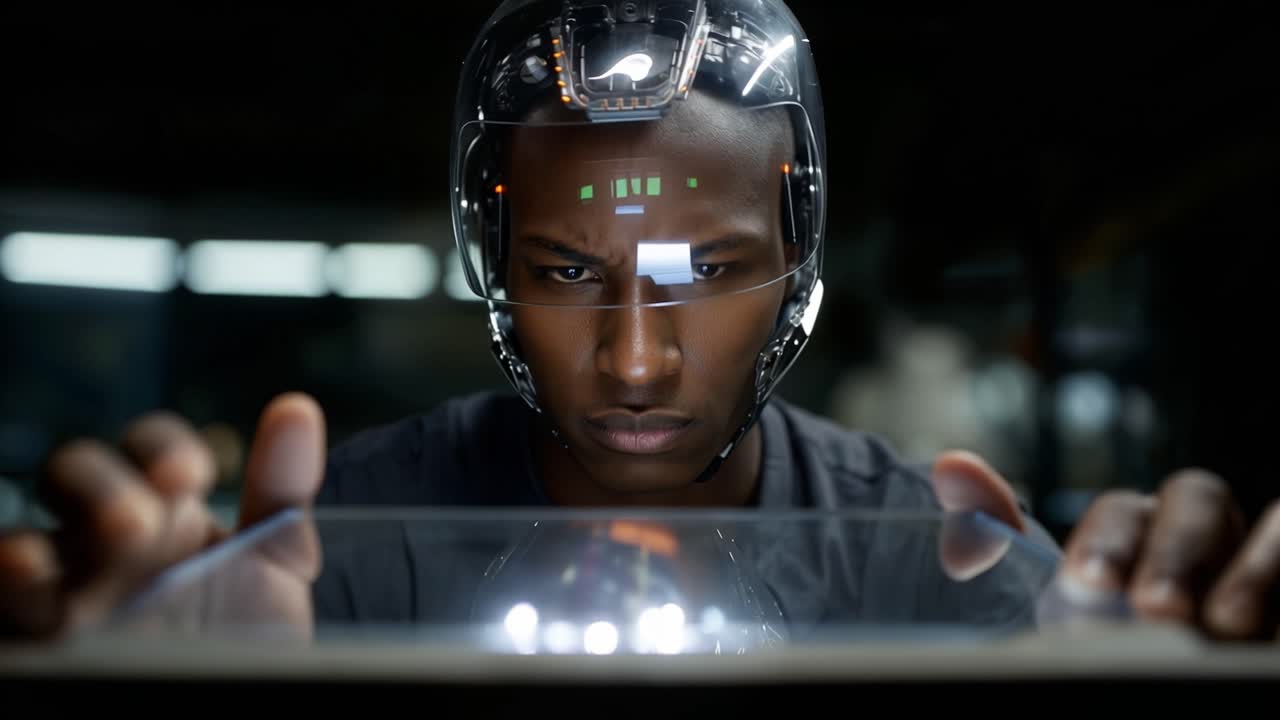 Ung mand iført futuristisk hjelm. Hænder svæver over lysende skærm. Fokuseret udtryk, intens koncentration. Sci-fi-koncept, avanceret teknologi. Ideel til tech, innovation eller futuristiske temaer.