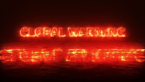 global warming text burning letters with reflection on the ground, animation fire effect on black background