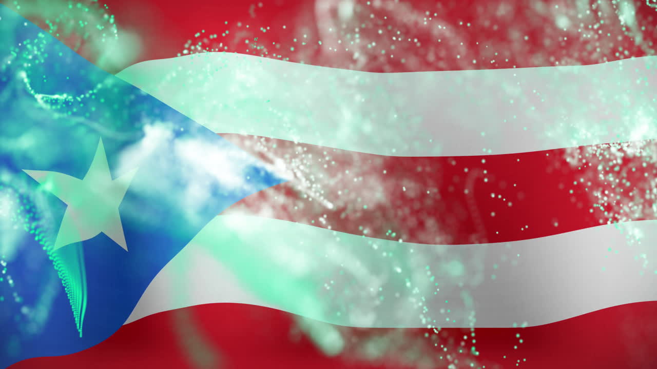 Animation of Puerto Rican flag with abstract green and white light effects overlay