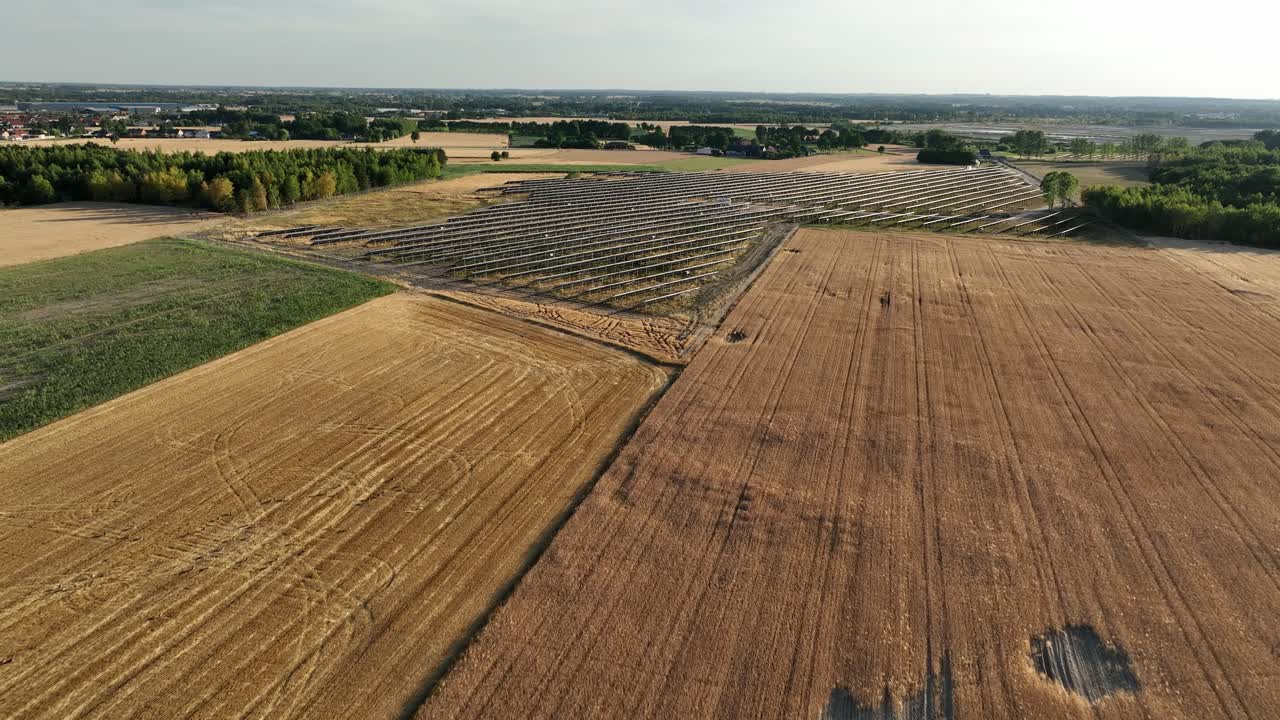 aerial view of photovoltaic farm in countryside of Przykona Poland