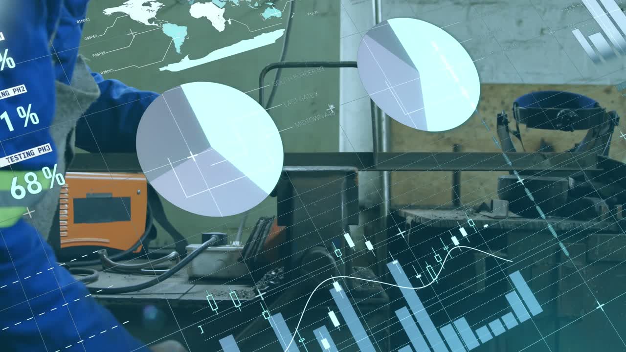 공장에서 기계 사용을 하는 아프리카계 미국인에 대한 통계 및 데이터 처리의 애니메이션