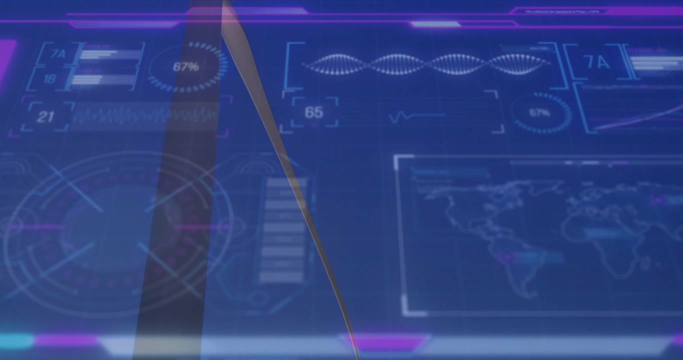 Slender curved brown rod slicing across blue 3D HUD displaying waveform, progress bars