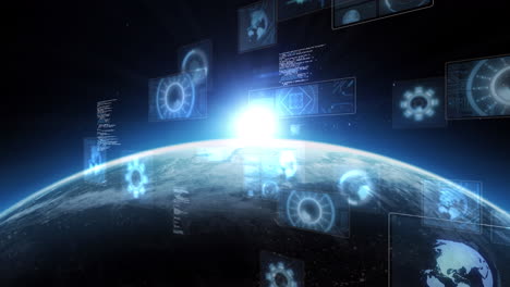 animation of scopes scanning and data processing on screens over globe with glowing horizon