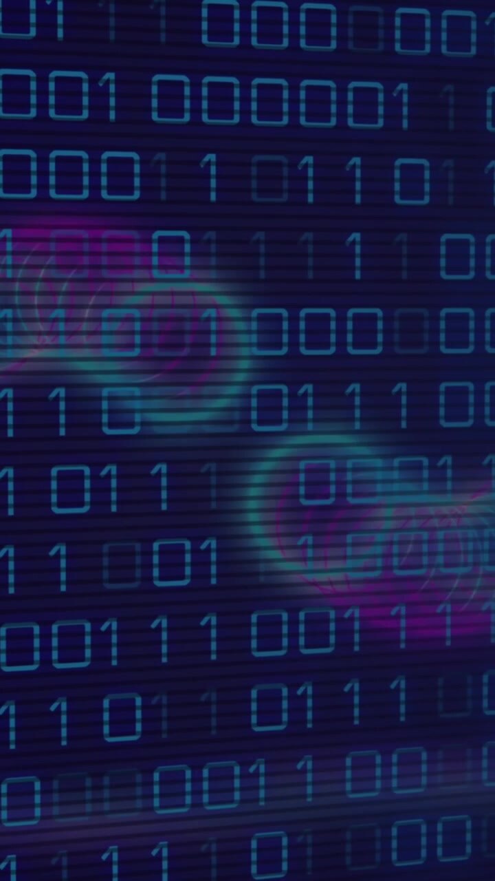 Animation of globe of digital icons and spring shapes against binary coding against blue background