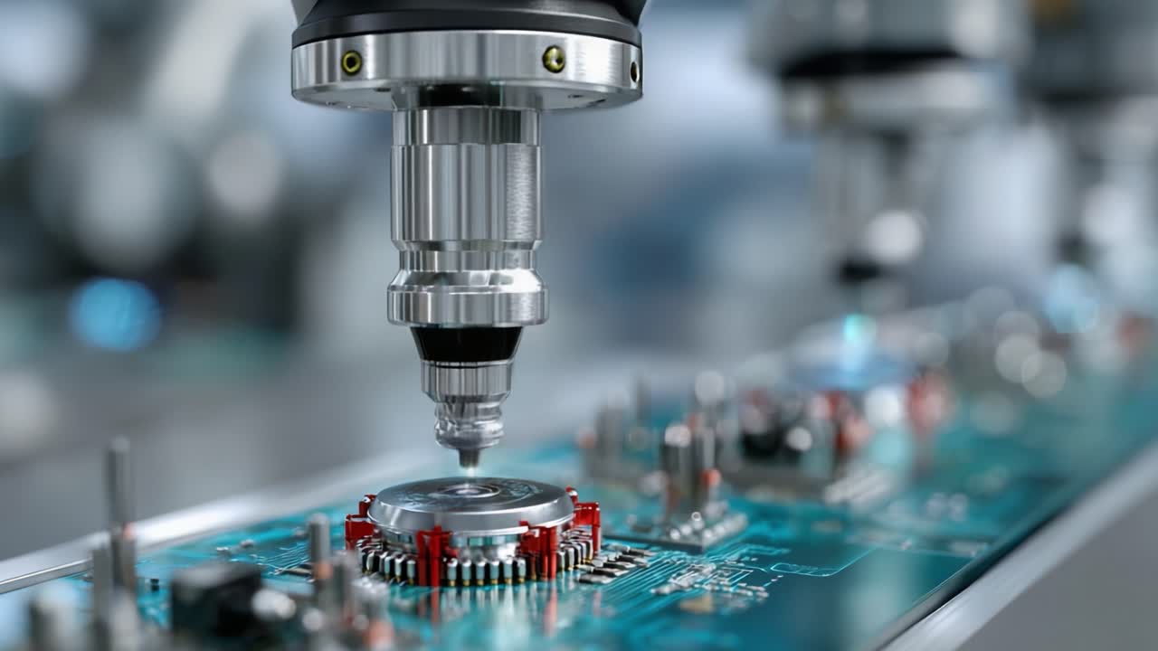 High-Precision Automated Manufacturing Process: A Close-Up of a Laser System Engaging with a Circuit Board in an Advanced Industrial Setting for Efficient Production