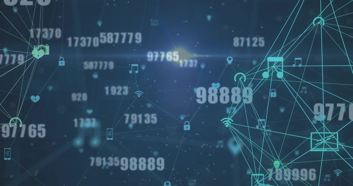 Animation of numbers and media icons on blue background