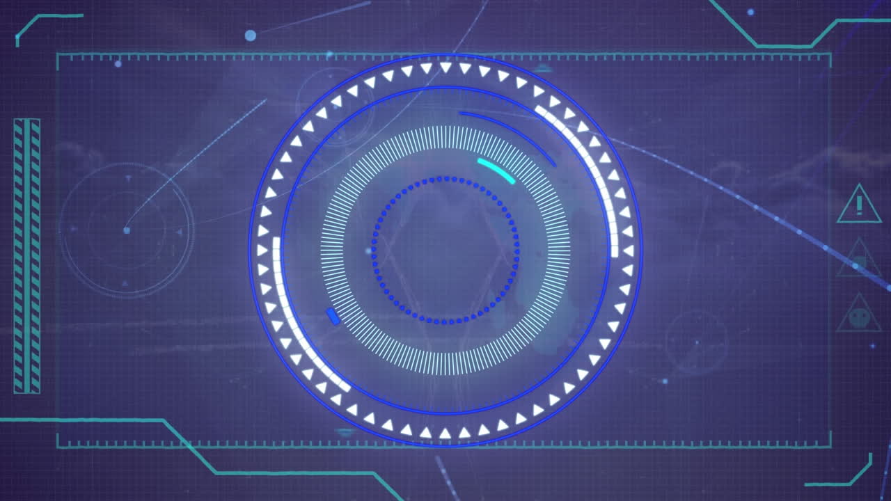 Animation of interface with round scanner and network of connections against clouds in the sky