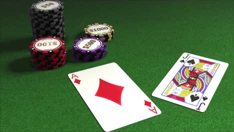 cards dealt onto a poker table with piles of gambling chips - poker hands - ace of diamonds and jack of spades - 21 pontoon blackjack