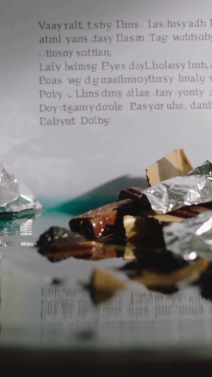 Vertical video: Tilting camera revealing foil, dark crumbs and puddle ripples on desk