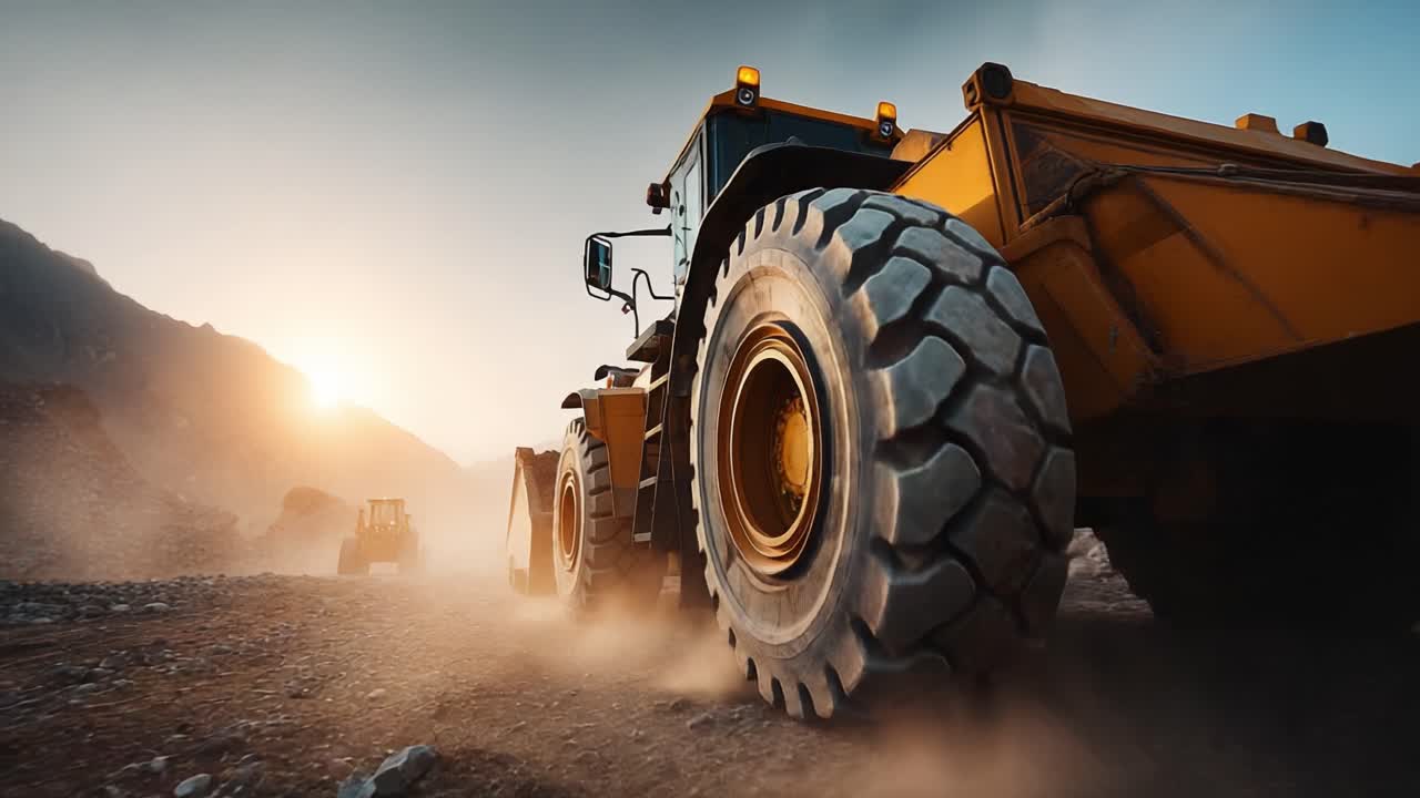 Powerful Heavy Machinery at Dusk: A Captivating Look at Construction Equipment Maneuvering Through Dusty Terrain with Mountains in the Background