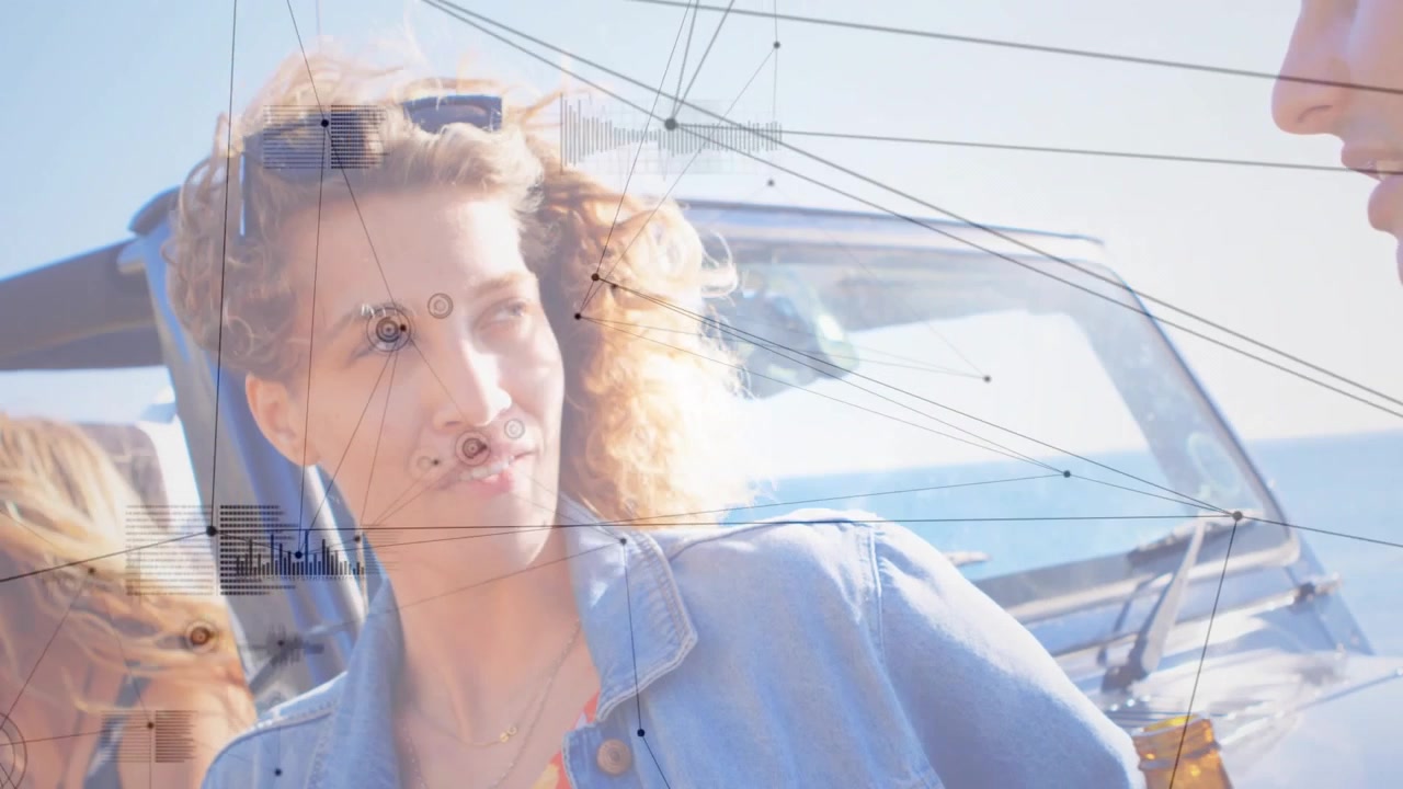 Man and woman sitting on motorboat, tapping console, HUD overlaying graphs for navigation analytics