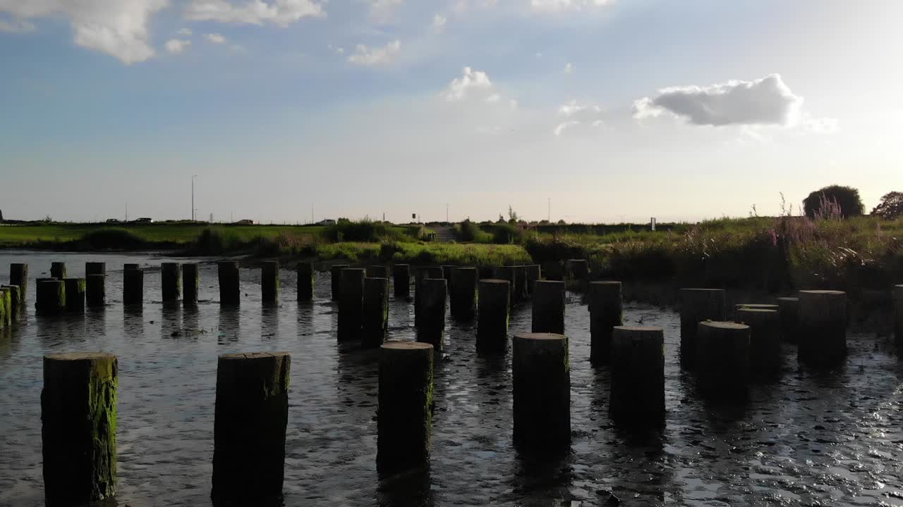 Serene Landscape with Wooden Posts in Water