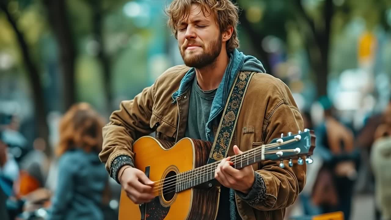 A man playing a guitar in the middle of a crowd of people