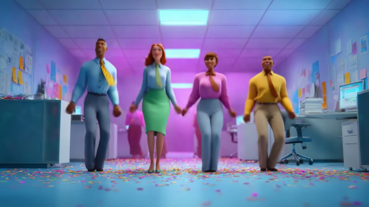 A Vibrant Celebration in the Office: Employees Dancing Joyfully Amidst Colorful Confetti and Cheerful Atmosphere, Showcasing Team Spirit and Workplace Enjoyment