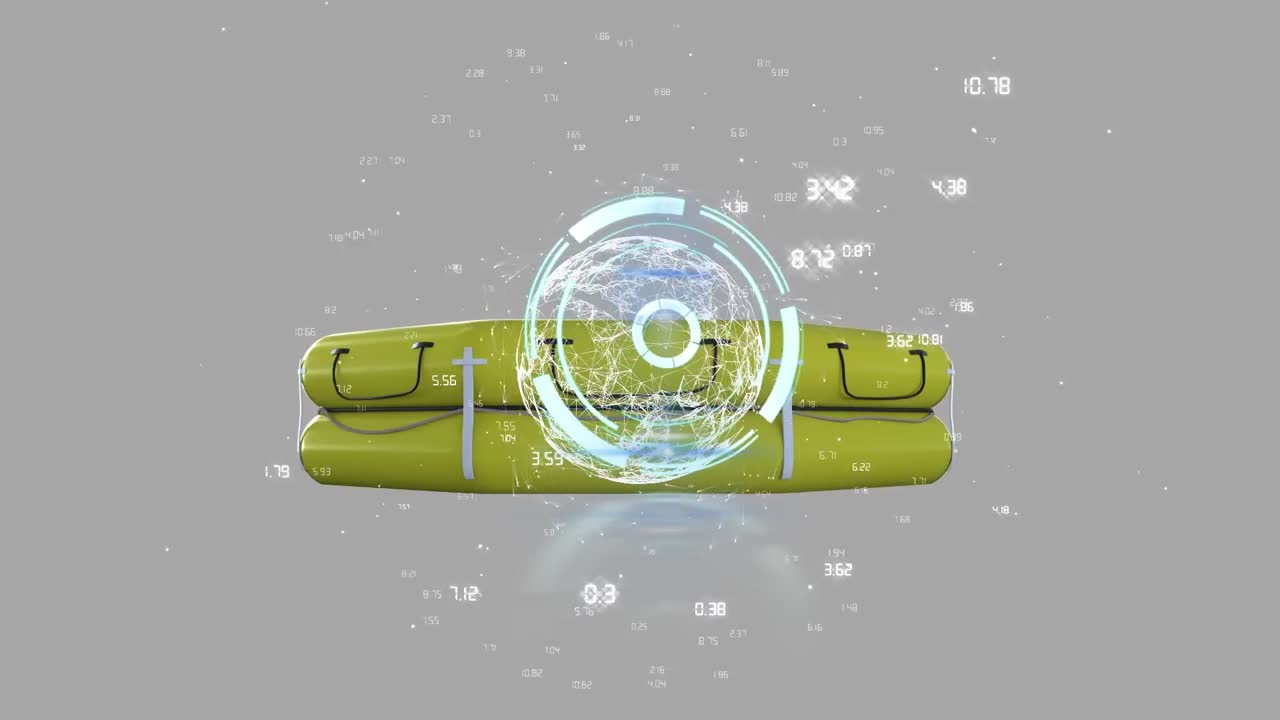 animación de escaneo de alcance y procesamiento de datos sobre barco de rafting en fondo gris.