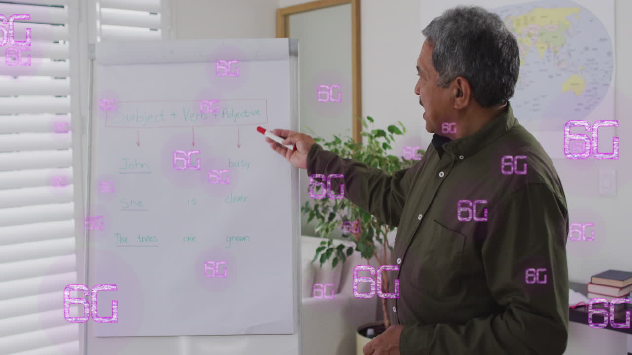 animación de múltiples textos 6g sobre un hombre biracial sénior enseñando en la pizarra en una llamada de video