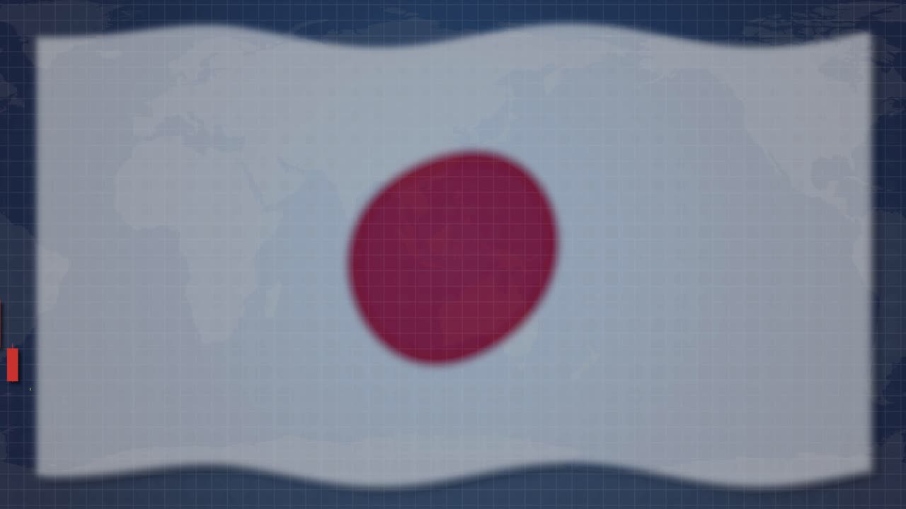 Animation of Japanese flag transitioning into dynamic candlestick charts, illustrating economic trends with smooth movements and a global map backdrop