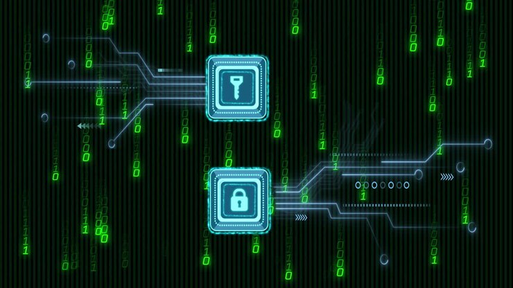 Animation of key and padlock over data processing and binary coding on black background