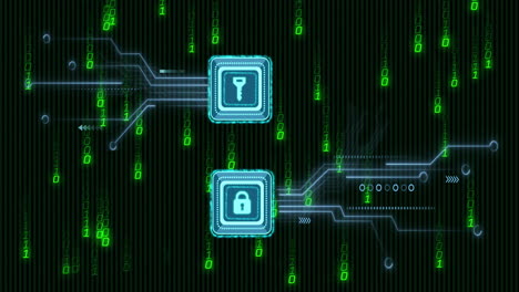 Animation of key and padlock over data processing and binary coding on black background