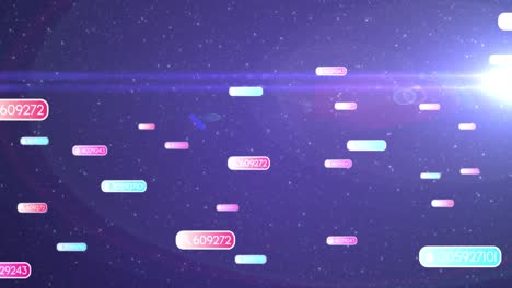 animation of cursors over social media icons and numbers on multi coloured banners on night sky