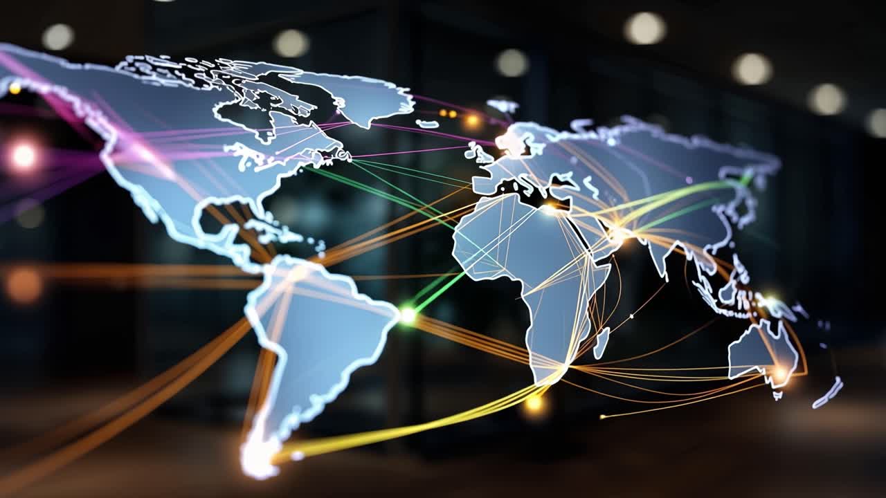 Digitalt verdenskort med glødende globale netværksforbindelser.