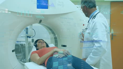 animation of data processing and diagrams over caucasian male doctor examining patient