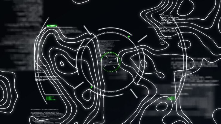 Digital animation of topography and scope scanning over data processing on black background