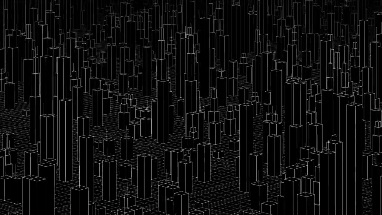 abstract rotating digital cityscape, white wireframe structures against a black background, modern engineering and technological complexity, loopable animation