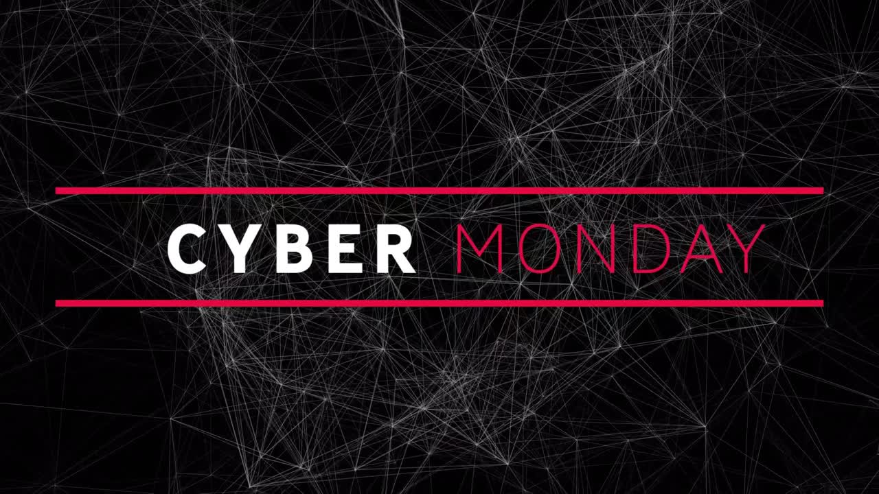 Animation af teksten "Cyber Monday Sale" over netværk af forbindelser.