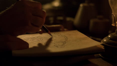 artist sketching with a pencil by oil lamp light